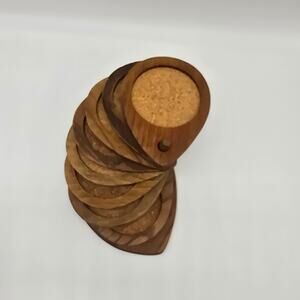VTG Mid-Century Sere Wood Japan Set of 8 Cork Hand Carved Coasters w/ Stand Set